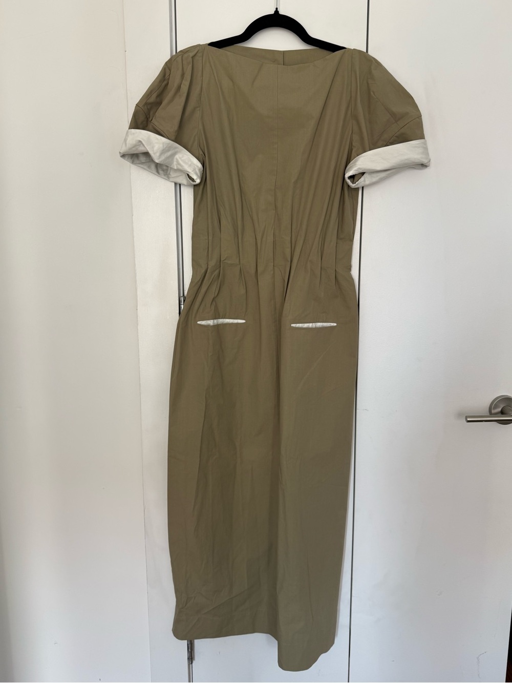 NACKIYE Maddie Short Sleeve Dress in Sand/Khaki with Pearl Detailing